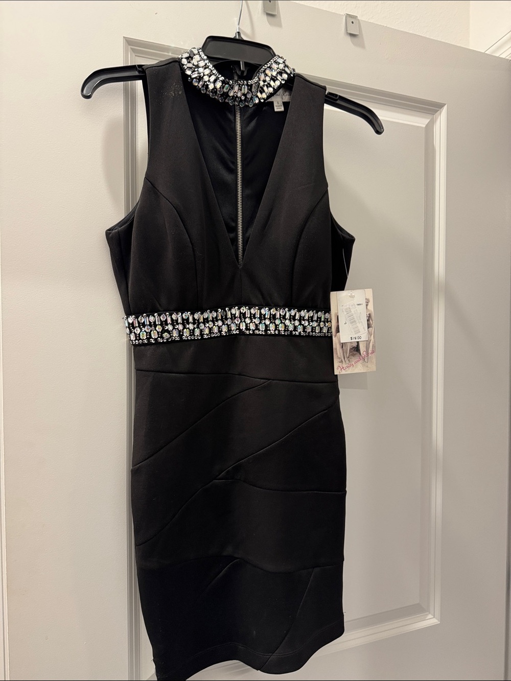 Honey and Rosie Black Sleeveless Mini Dress with Jeweled Collar and Waistband